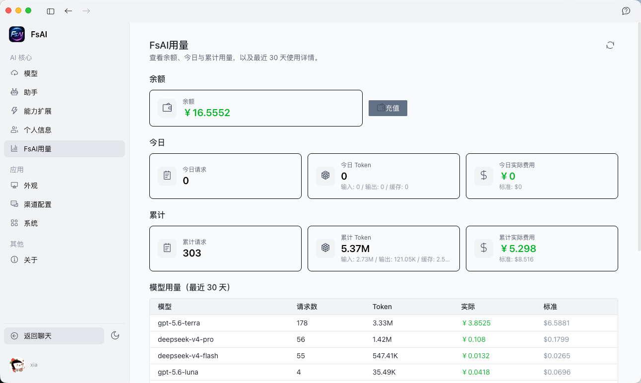 FsAI 在工作区中查询模型用量和费用信息